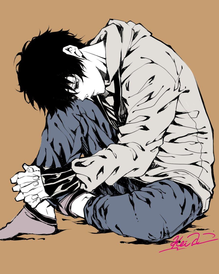 男の子が膝を立てて立てた膝の先に頭を乗せている。物憂げな表情にシンプルな色使いの絵